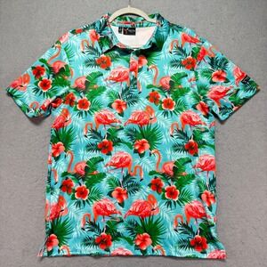 YATTA GOLF Men's Tropical Flamingo Hibiscus Print Polo Shirt Size S Short Sleeve